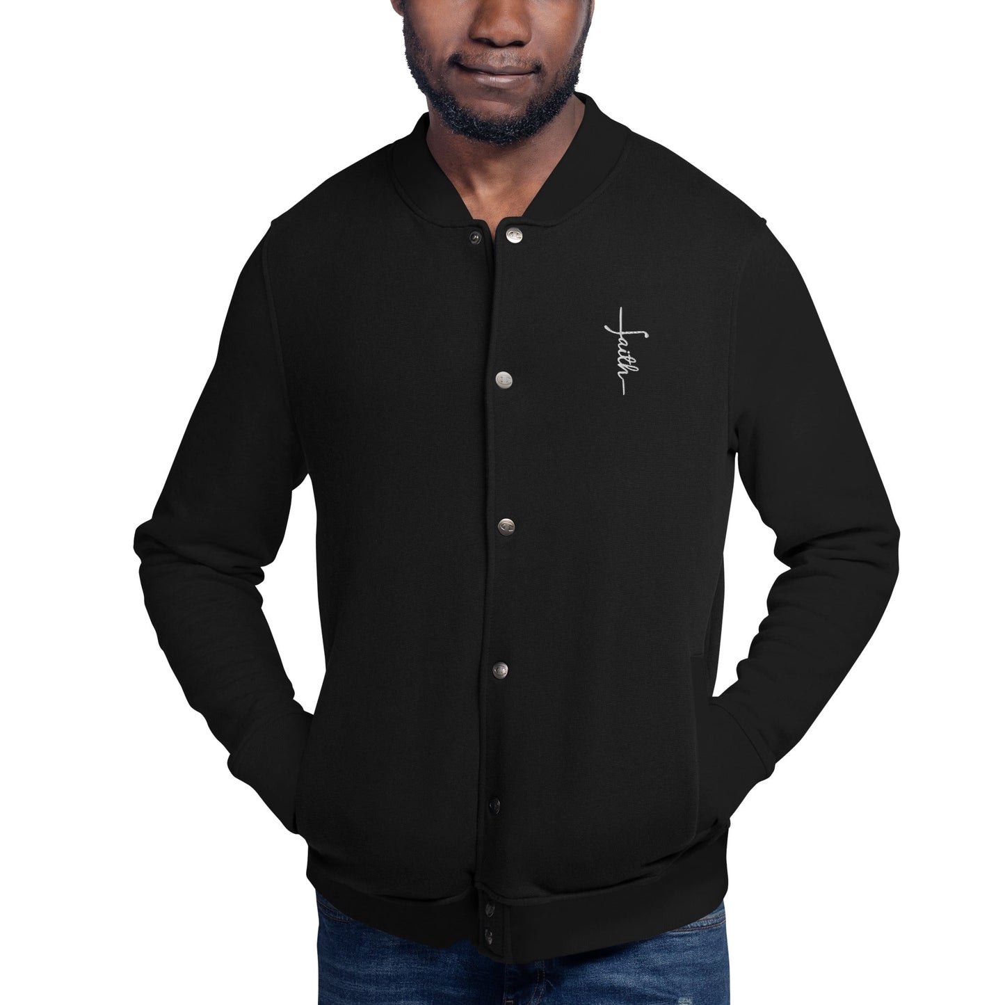 Bomber Jacket with Embroidered "Faith" Cross - faithbook