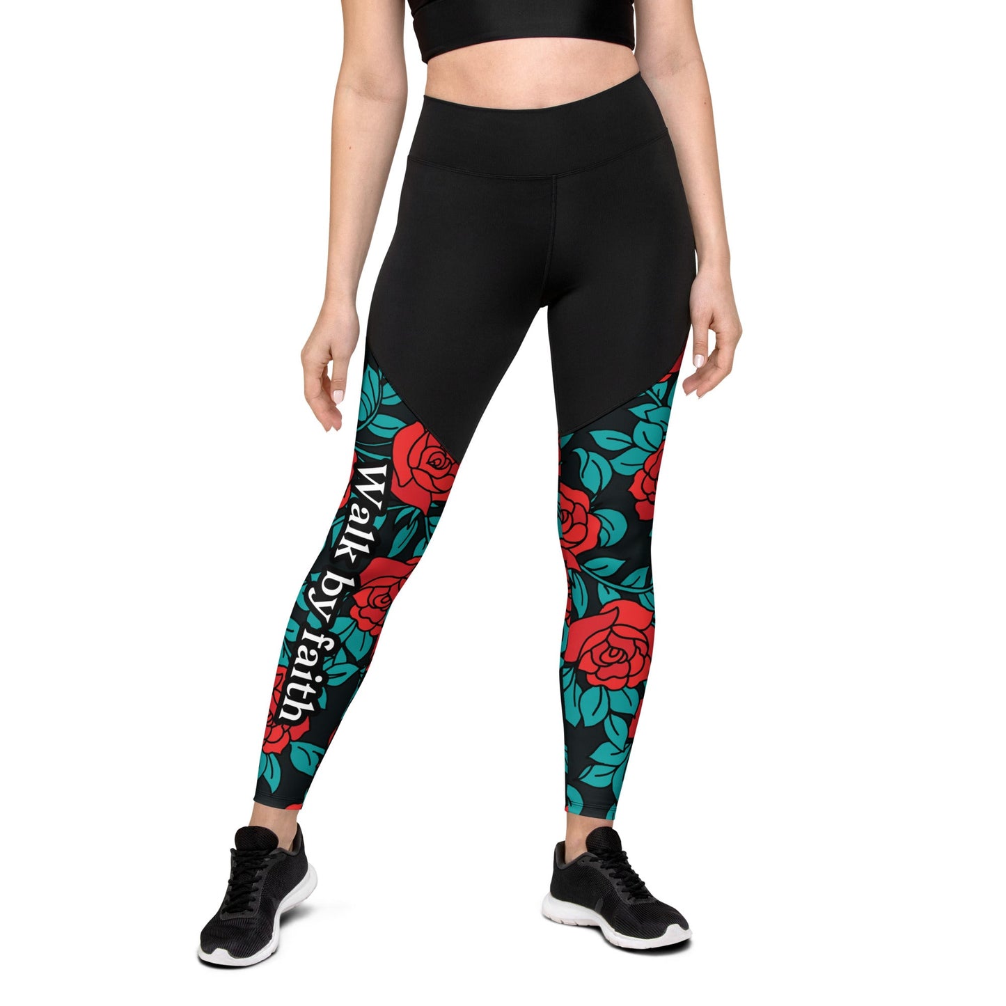Compression Sport Leggings "Walk by faith, not by sight!" Red Roses - faithbook