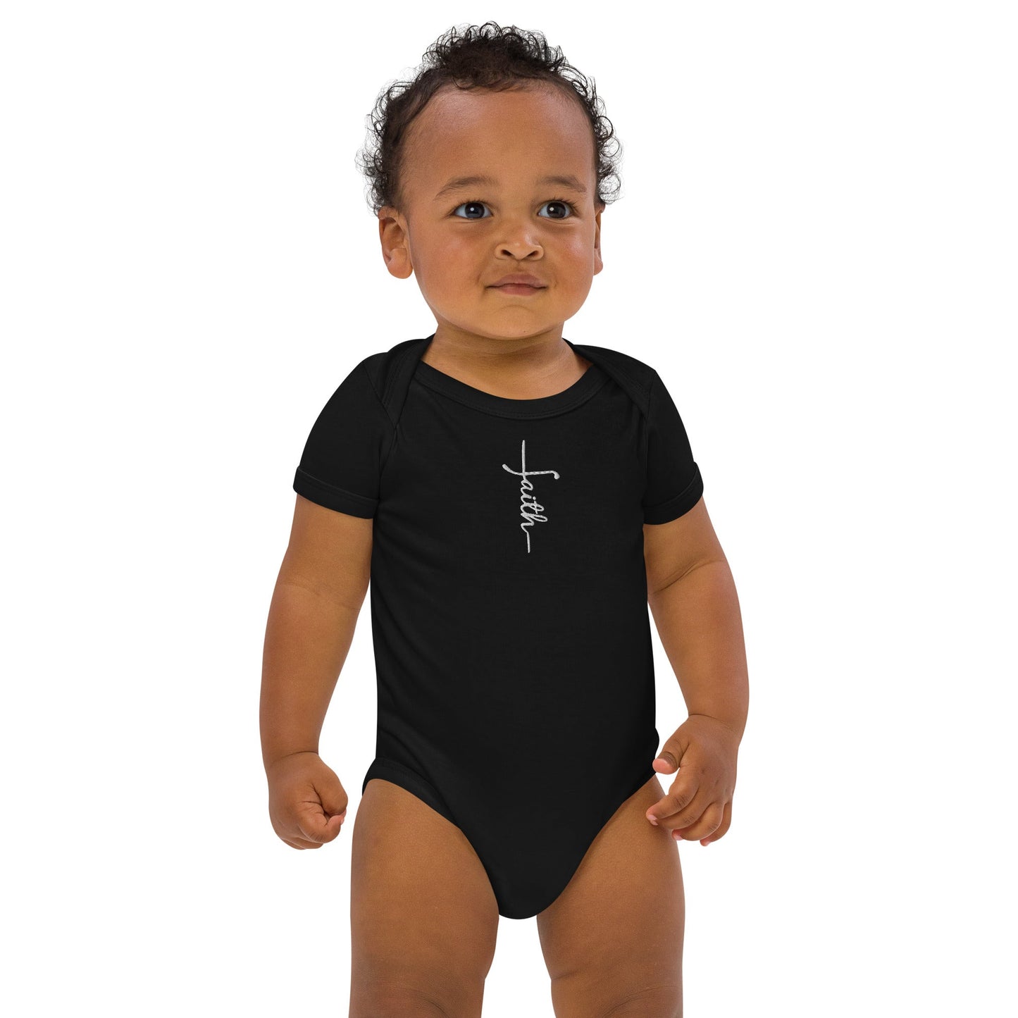 Organic Cotton Baby Bodysuit with Embroidered "Faith" Cross - faithbook