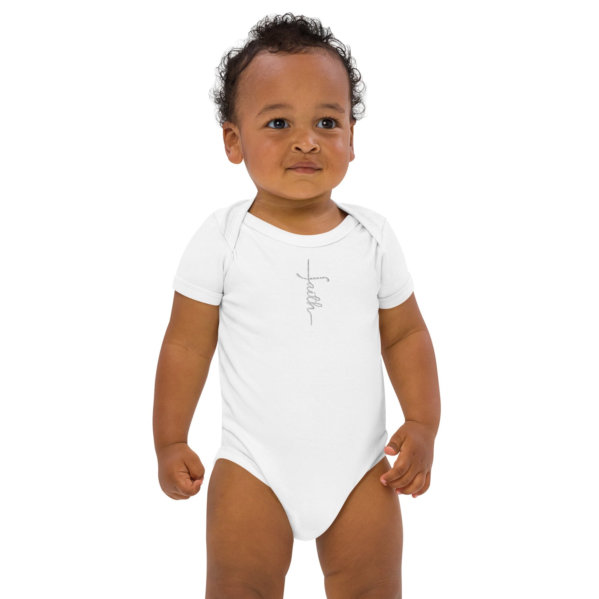 Organic Cotton Baby Bodysuit with Embroidered "Faith" Cross - faithbook