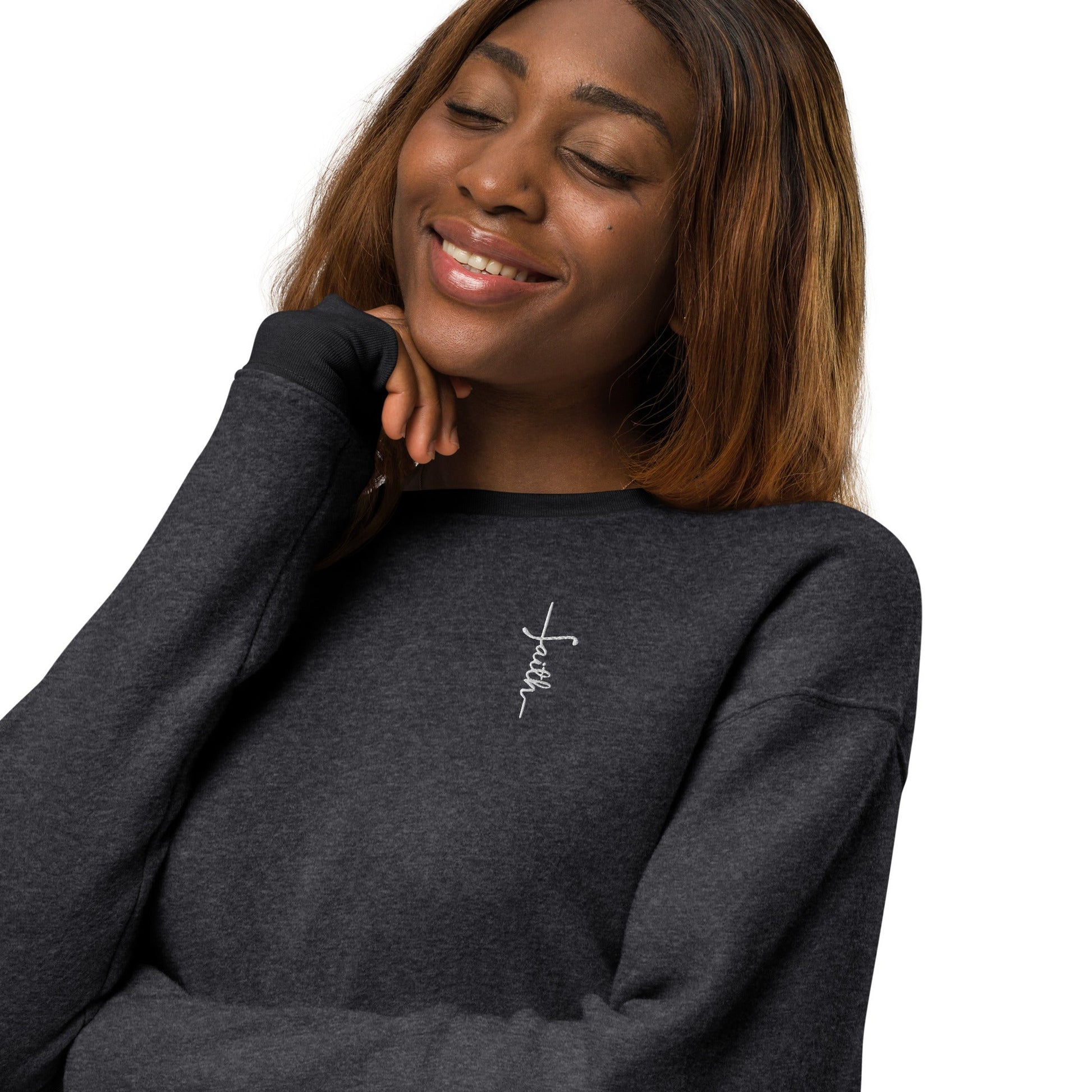 Unisex Fleece Sweatshirt with Embroidered "Faith" Cross - faithbook